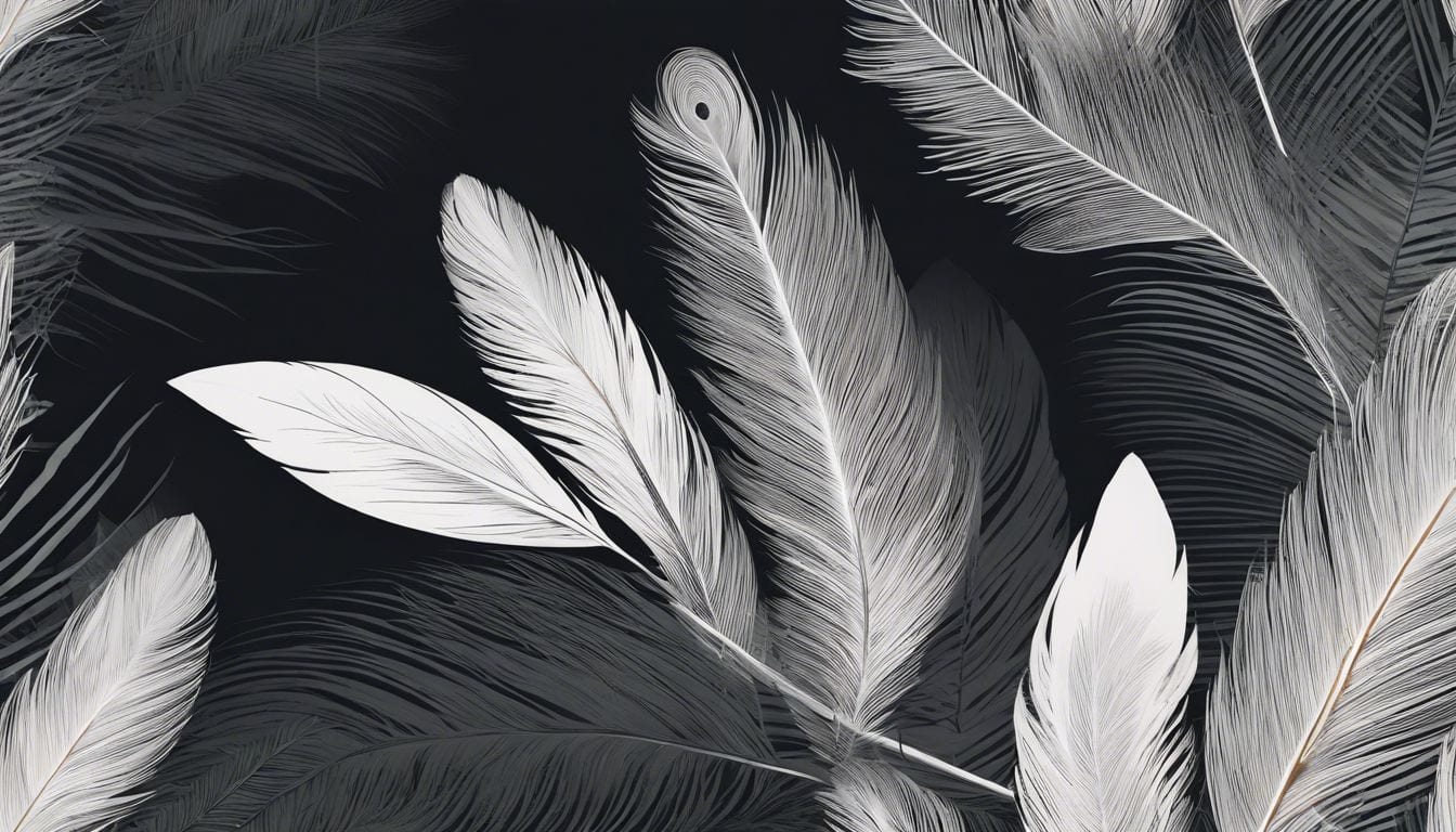 Zwevende veren met lichtstralen in een rustig bos.