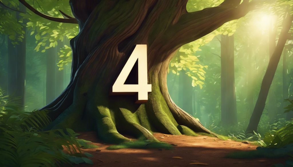 Getall '4' gesneden in boomstam in bos met zonlicht.