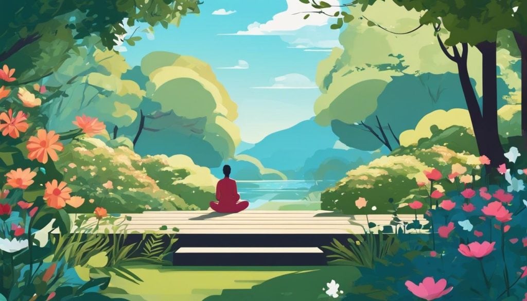 Een persoon mediteert in een rustige tuin vol bloemen en groen.