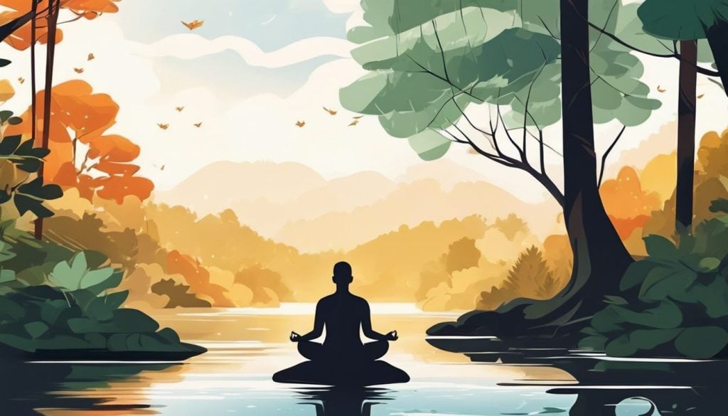 Een persoon mediteert in een rustige natuurlijke omgeving.