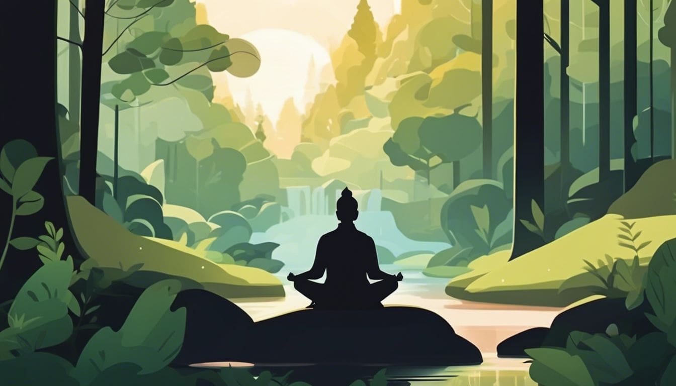 Iemand mediteert in een rustige bosomgeving, omringd door hoge bomen.