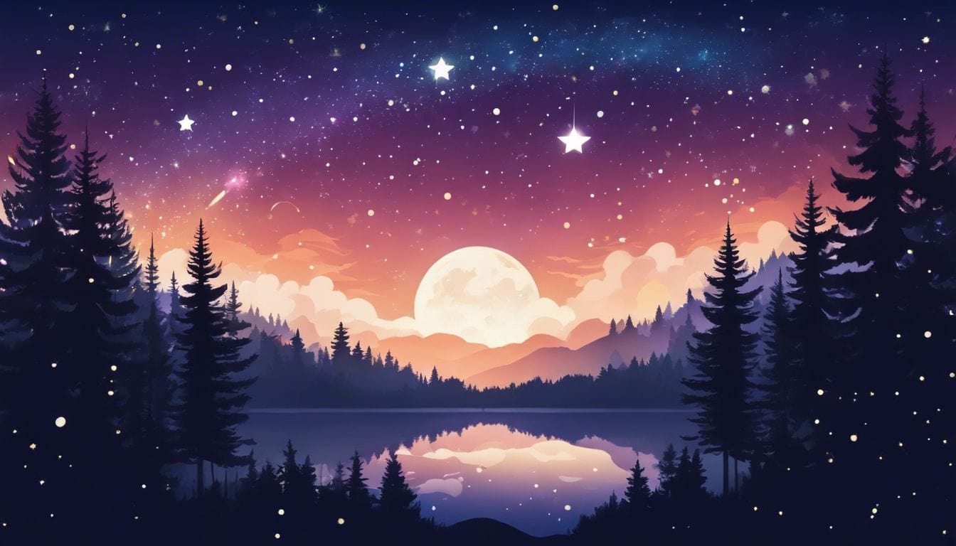 Een rustige nachtelijke hemel met sterren boven een weelderig bos.