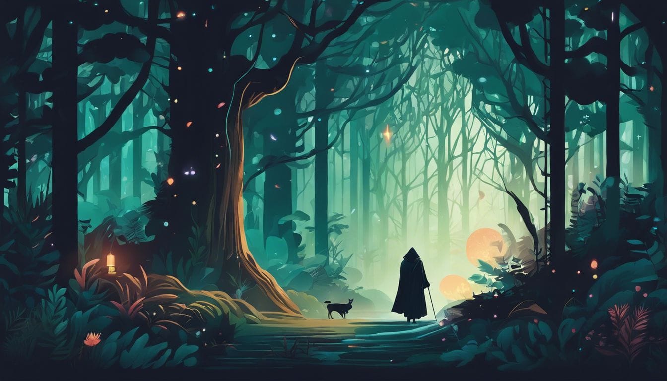 Een mysterieusbos met een gehuld figuur en magisch object. Een mysterieusbos met een gehuld figuur en magisch object.