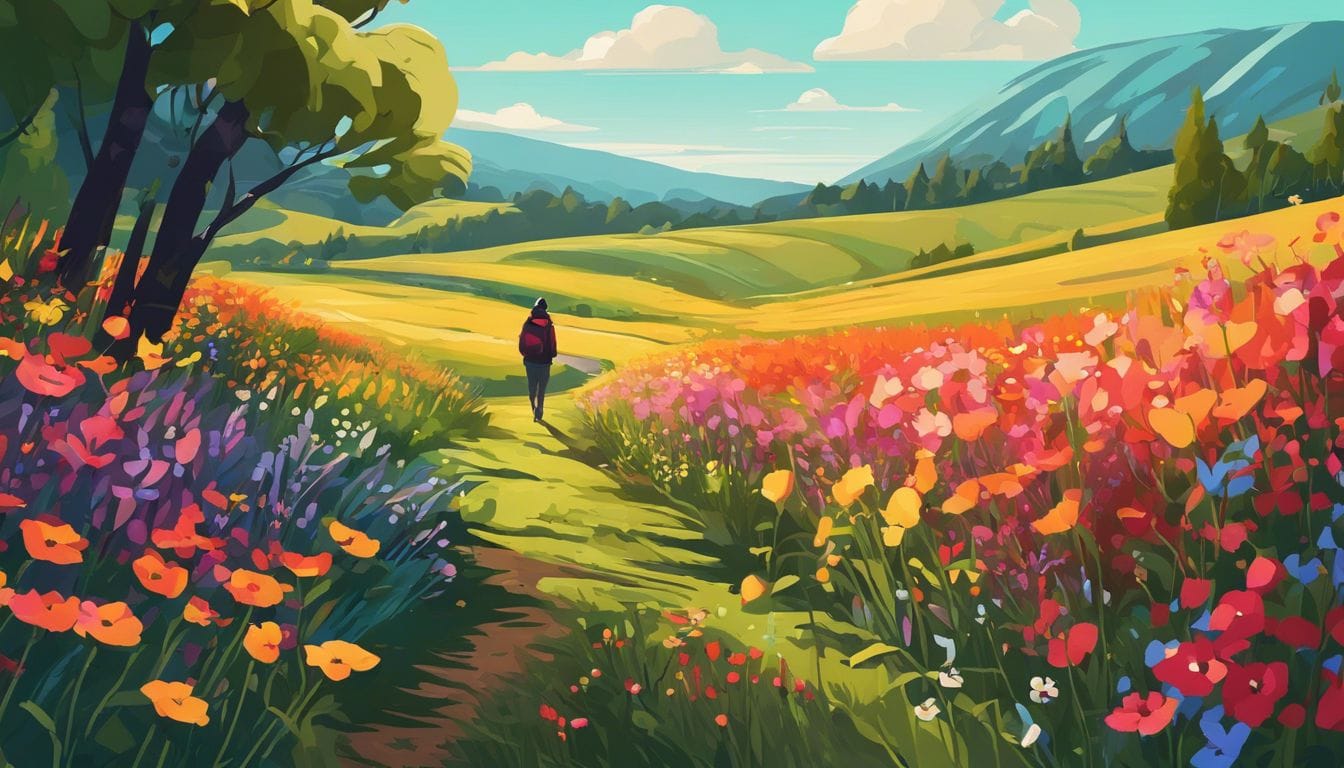 Een persoon staat te midden van wilde bloemen, omgeven door natuurlijke schoonheid. Een persoon staat te midden van wilde bloemen, omgeven door natuurlijke schoonheid.