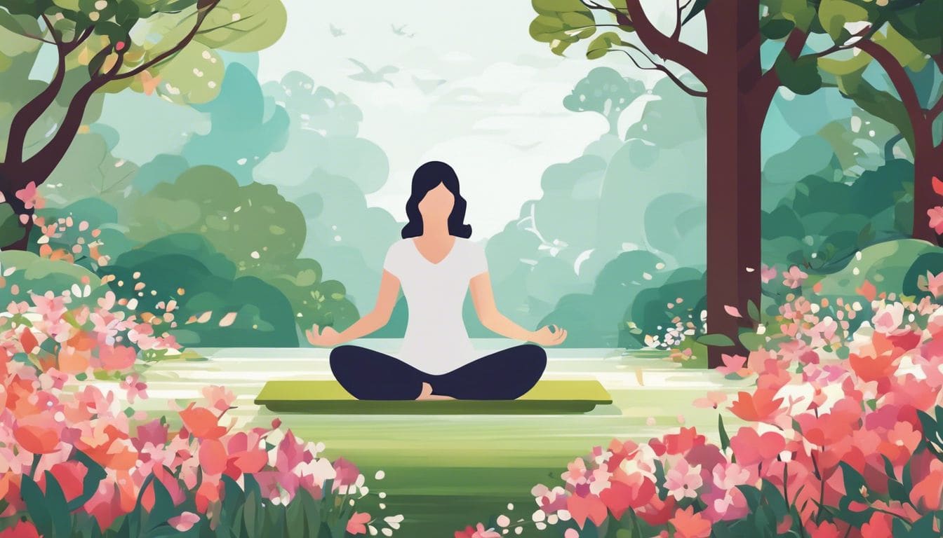 Een persoon mediteert in een rustige tuin, omringd door bloeiende bloemen.