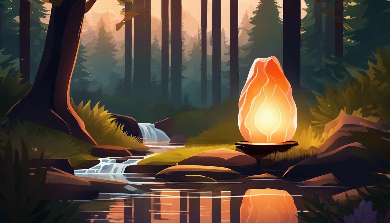 Een mystieke zoutlamp in een serene bosomgeving.