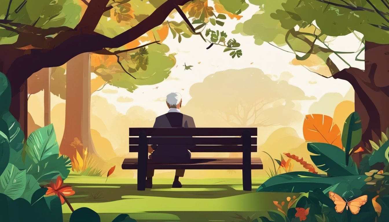 Een wijze oudere persoon zit onder een majestueuze eikenboom in een weelderig bos.