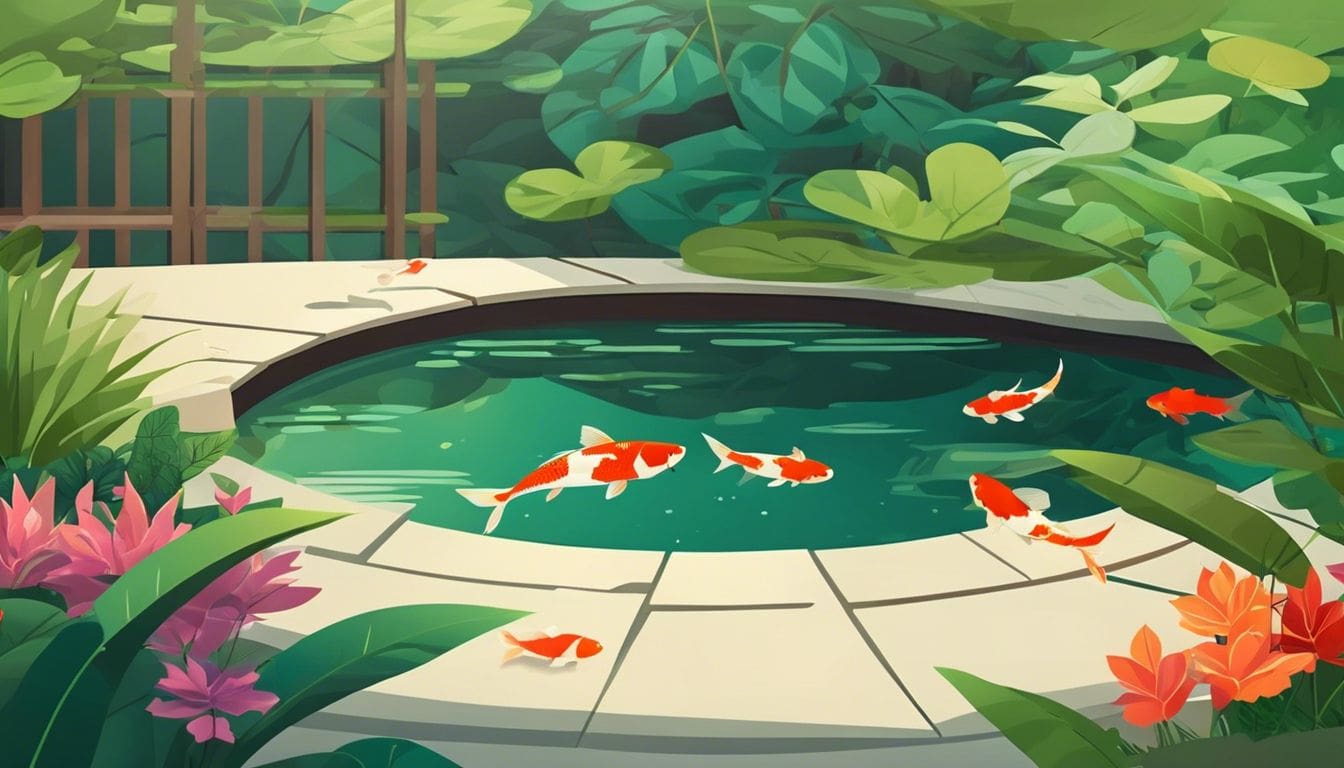 Een vredige Zen-tuin met weelderige groene planten en een koi-vijver.