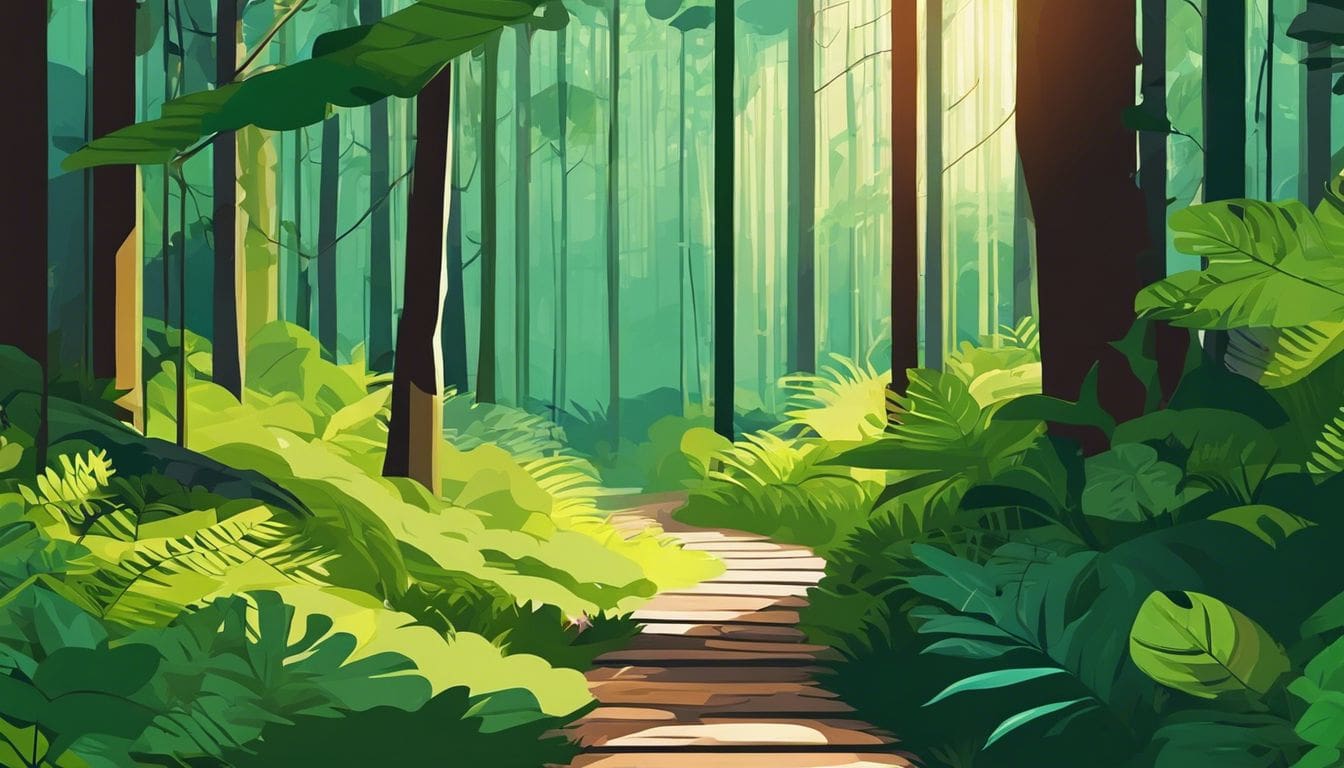 Een slingerend pad door een dicht bos met weelderige vegetatie.