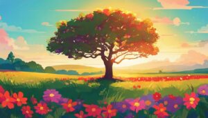 Een majestueuze boom staat hoog in een veld vol heldere bloemen.