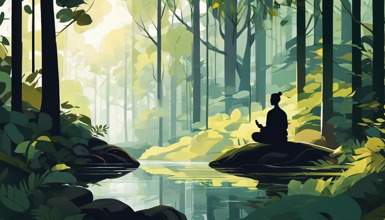 Eenzaam figuur mediteert in bosrijke omgeving, omringd door natuurlijke rust. Eenzaam figuur mediteert in bosrijke omgeving, omringd door natuurlijke rust.