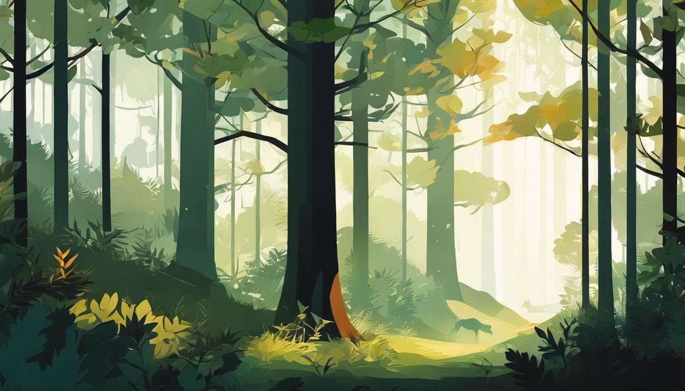 Een vreedzaam bos met zonlicht tussen de bomen, zonder mensen.