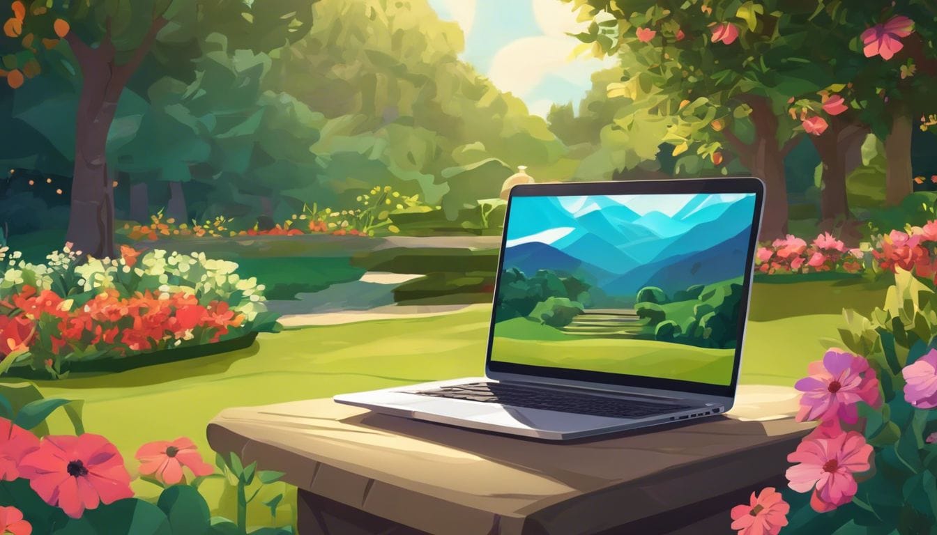 Een open laptop in een serene tuinomgeving met bloemen en groen.