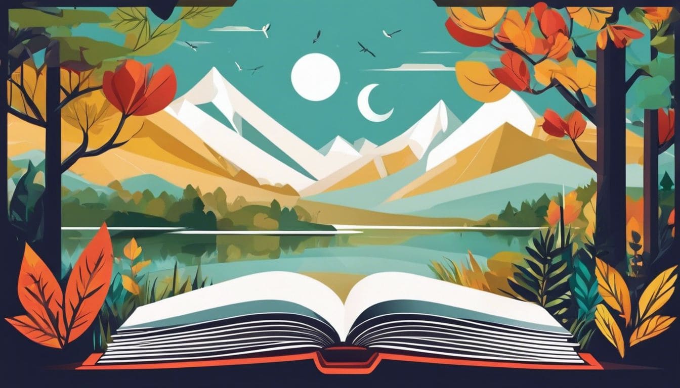 Een open boek omringd door natuur fotografieboeken met levendige landschappen en dieren in het wild.