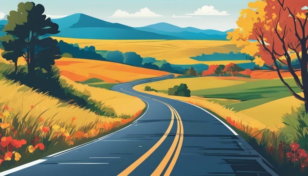 Een kronkelende weg door een rustig platteland met heuvels en bloemen.