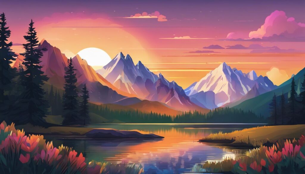 Een vredig berglandschap bij zonsopgang met diverse flora en fauna.