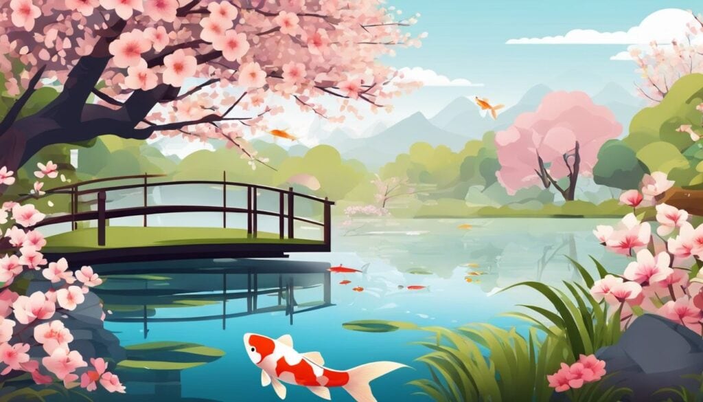 Een rustige Zen-tuin met vijver, koi-vissen en kersenbloesembomen.