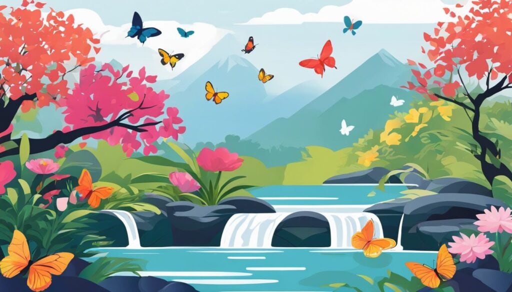 Een rustgevende meditatietuin met bloeiende bloemen, serene waterpartijen en kleurrijke vlinders.