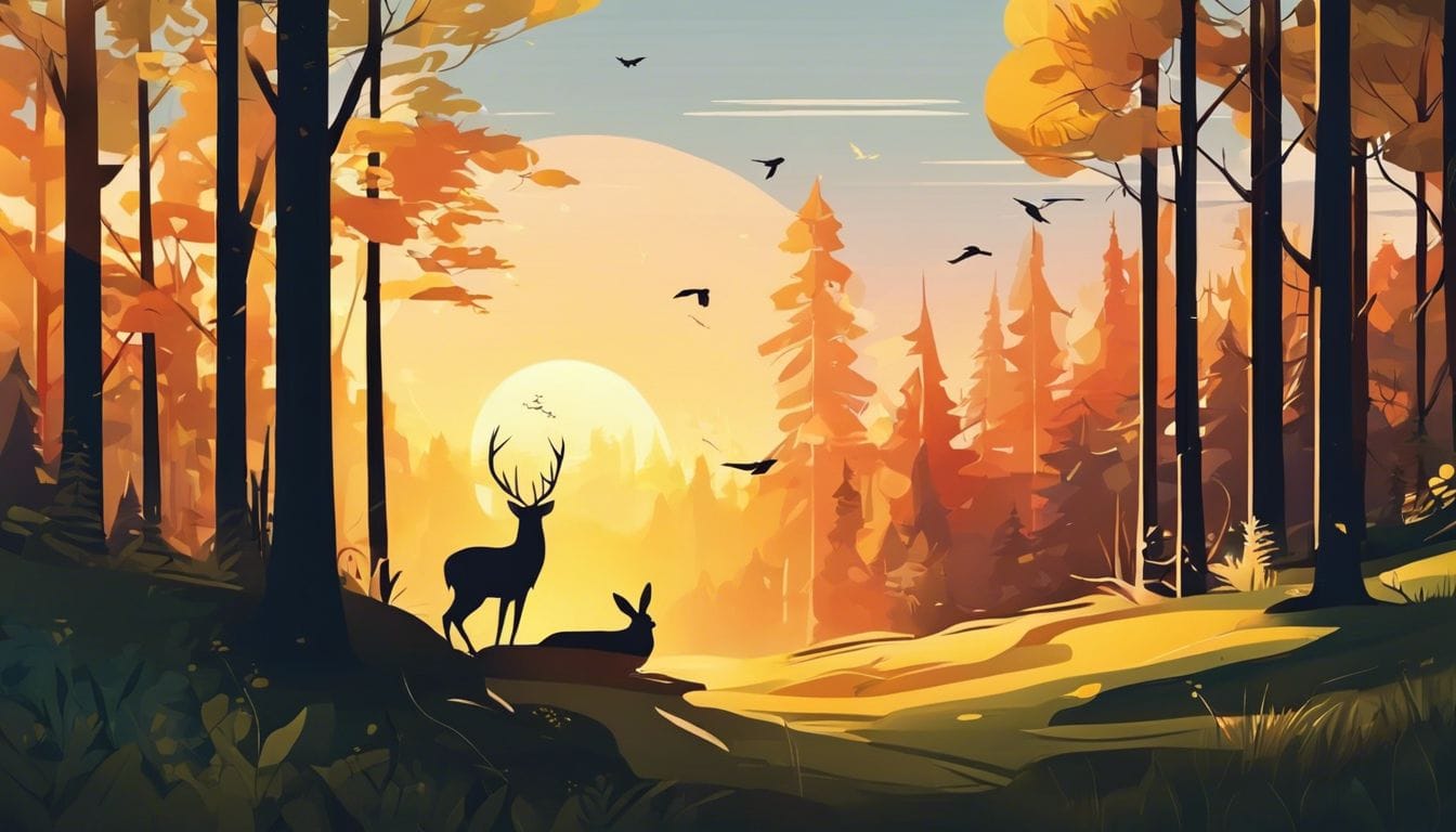 Een rustige zonsopgang boven een vredig bos met vogels. Een rustige zonsopgang boven een vredig bos met vogels.