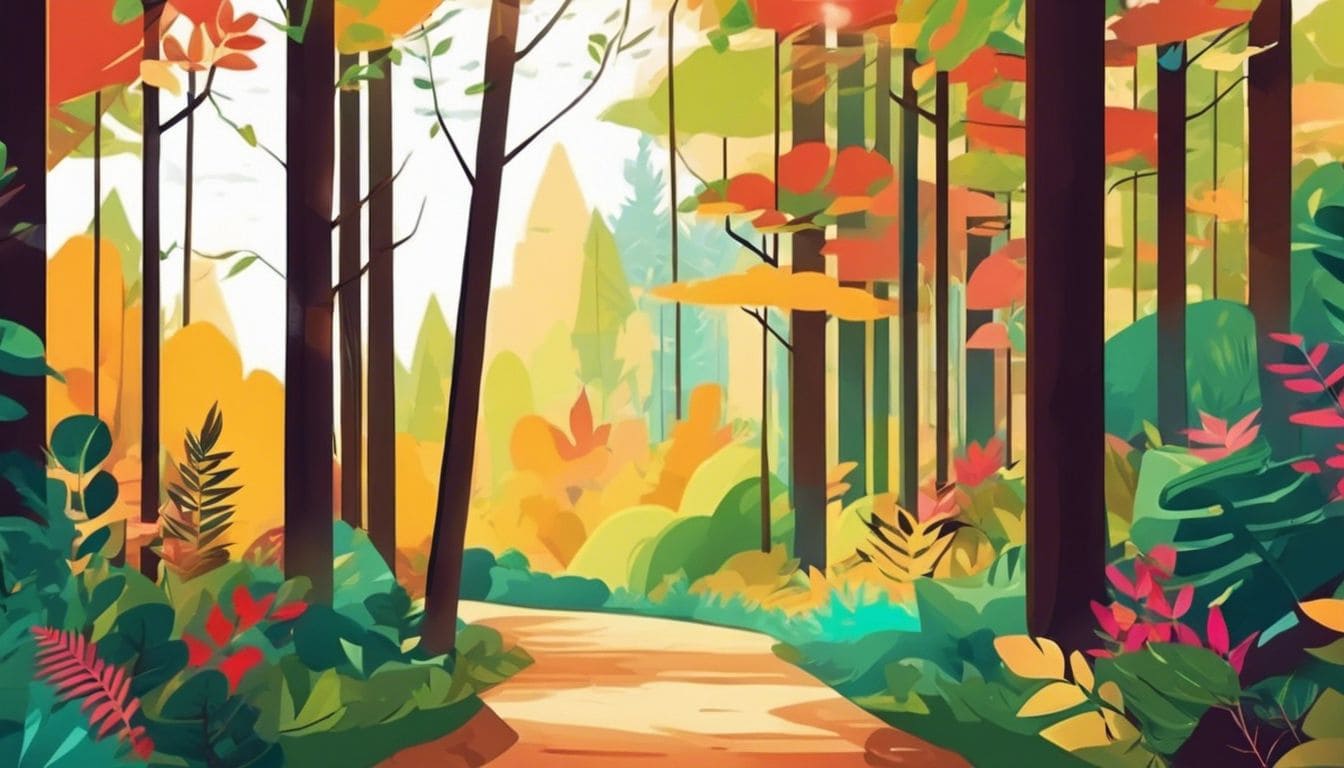 Een rustig slingerend wandelpad door een weelderig bos. Een rustig slingerend wandelpad door een weelderig bos.