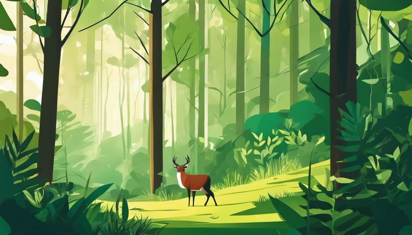 Een vredig bos met levendige groene bladeren en dieren in het wild.