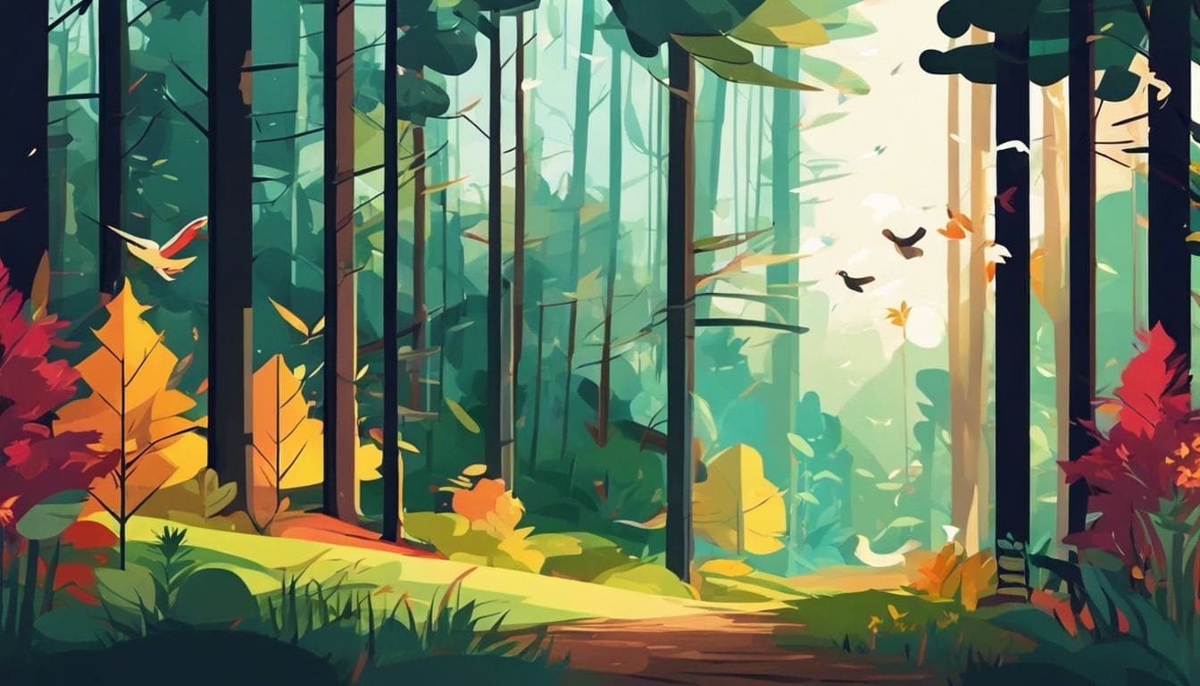 Een vredige en rustige bosweide met levendige kleuren en dieren.