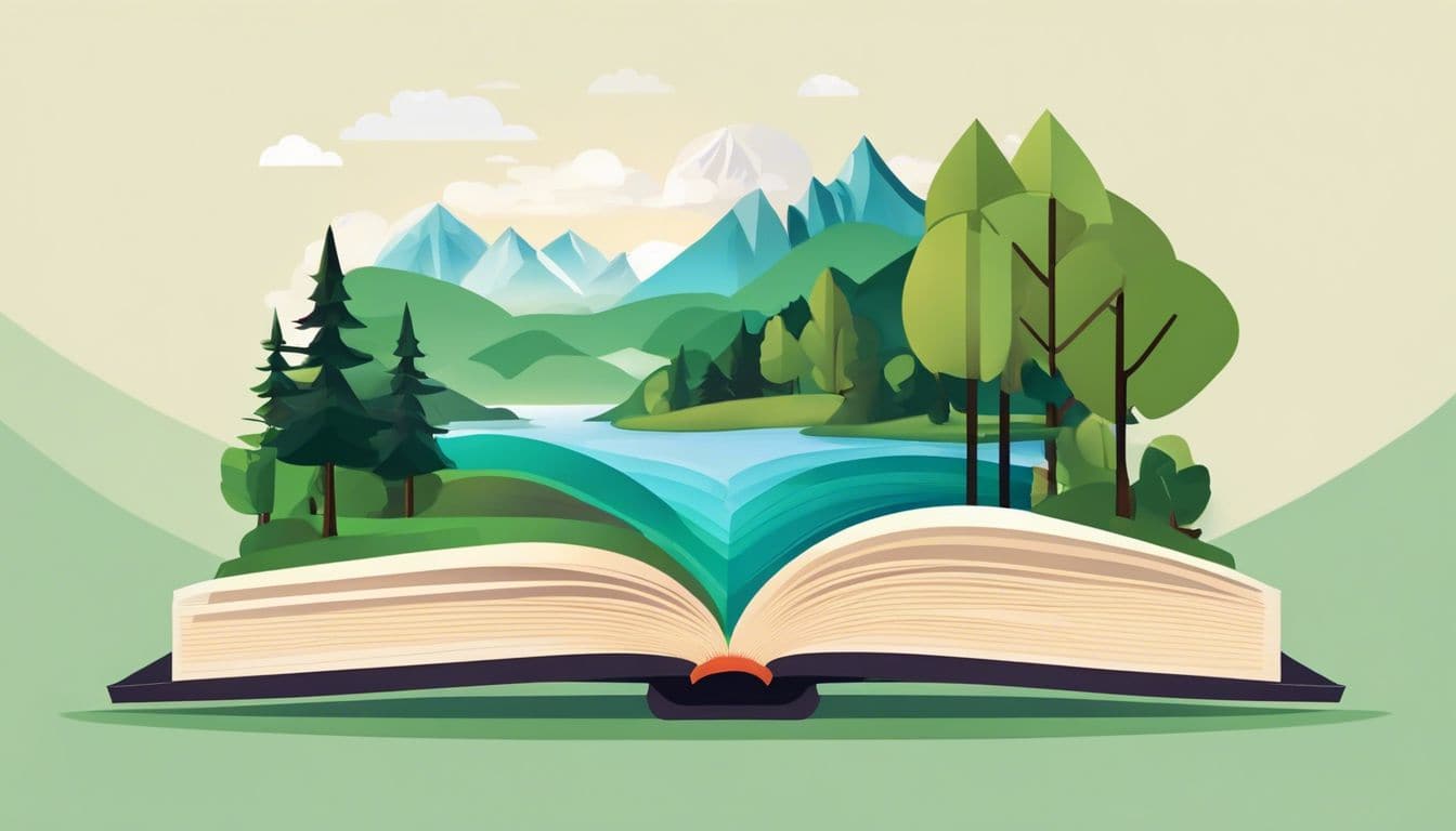 Een open boek met rustgevende natuur landschappen. Een open boek met rustgevende natuur landschappen.