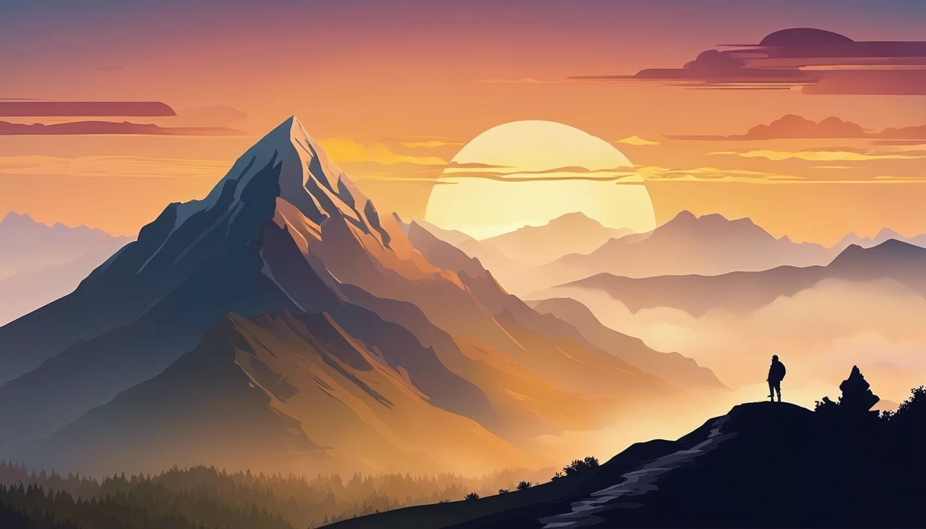 Een serene bergtop bij zonsopgang, omringd door mistige wolken.