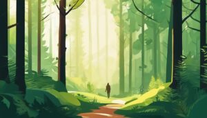 Een rustige bosweide met weelderige groen en wilde dieren.