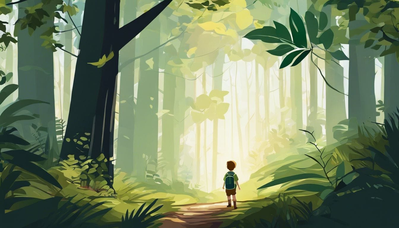 Een kind dat een vredig bos verkent, omgeven door hoge bomen en wilde dieren.
