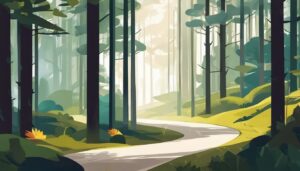 Een rustig bos met kronkelend pad en diverse flora en fauna.