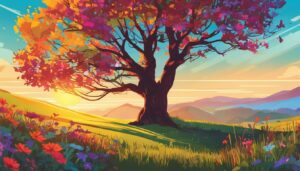 Een enkele boom staat in een kleurrijke weide met wilde bloemen.