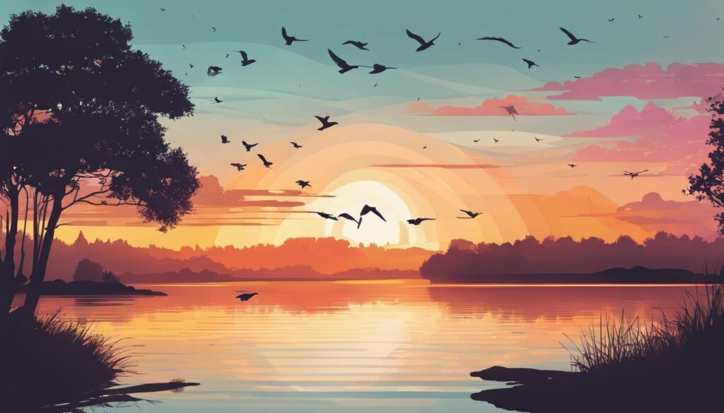 Een vredige zonsopgang boven een rustig meer met inspirerende citaten.