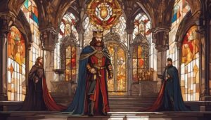 Een middeleeuwse koning staat in een imposante kasteelhal omringd door religieuze symbolen.