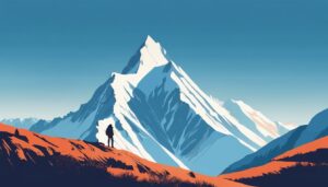 Een wandelaar staat op de top van een besneeuwde berg.