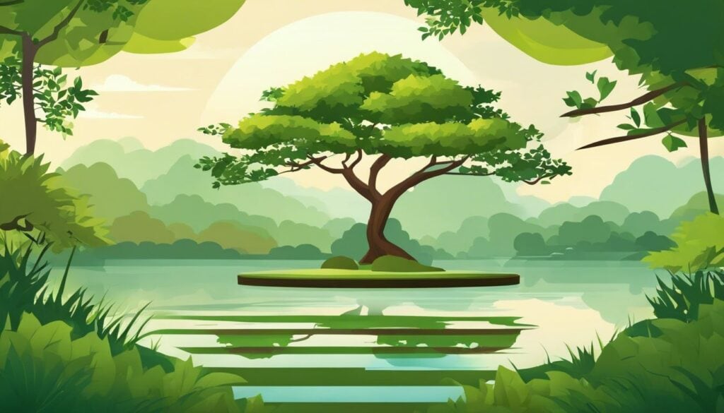 Een vredige Zen-tuin met een enkele boom, omringd door een rustige vijver en groen gebladerte.