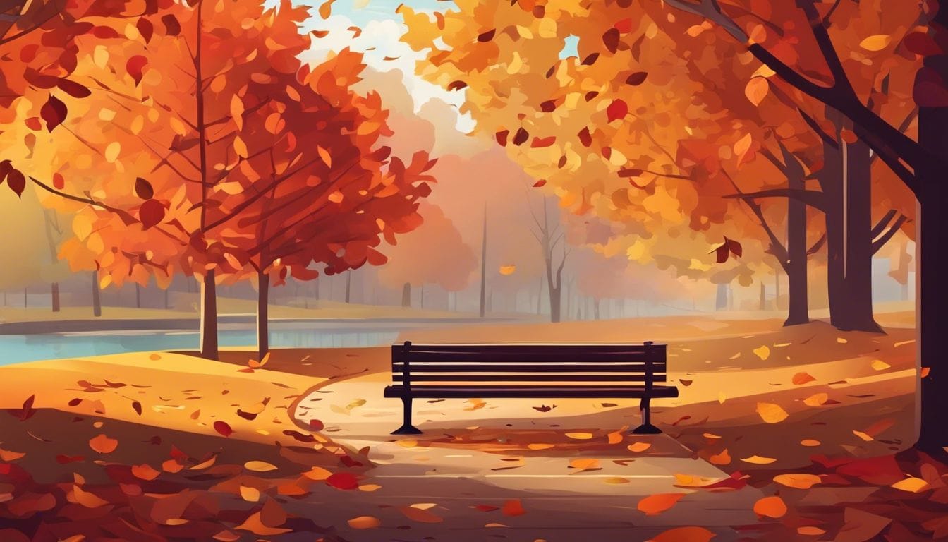Een vredige herfstbank omringd door bladeren in een park.