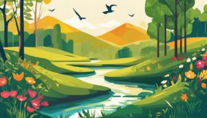 Een rustig natuurlandschap met een kronkelend pad door weelderige begroeiing en een zacht stromende beek.