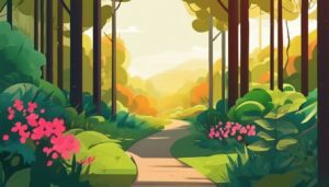 Een rustig bospad omgeven door weelderige natuur.