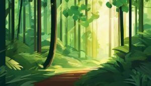 Een vredig bos met zonnestralen en weelderige vegetatie.