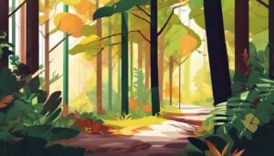 Een vredig bospad met kleurrijke flora en fauna.