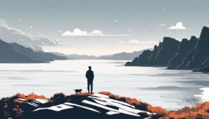 Een persoon staat aan de rand van een klif, kijkt uit over het landschap.