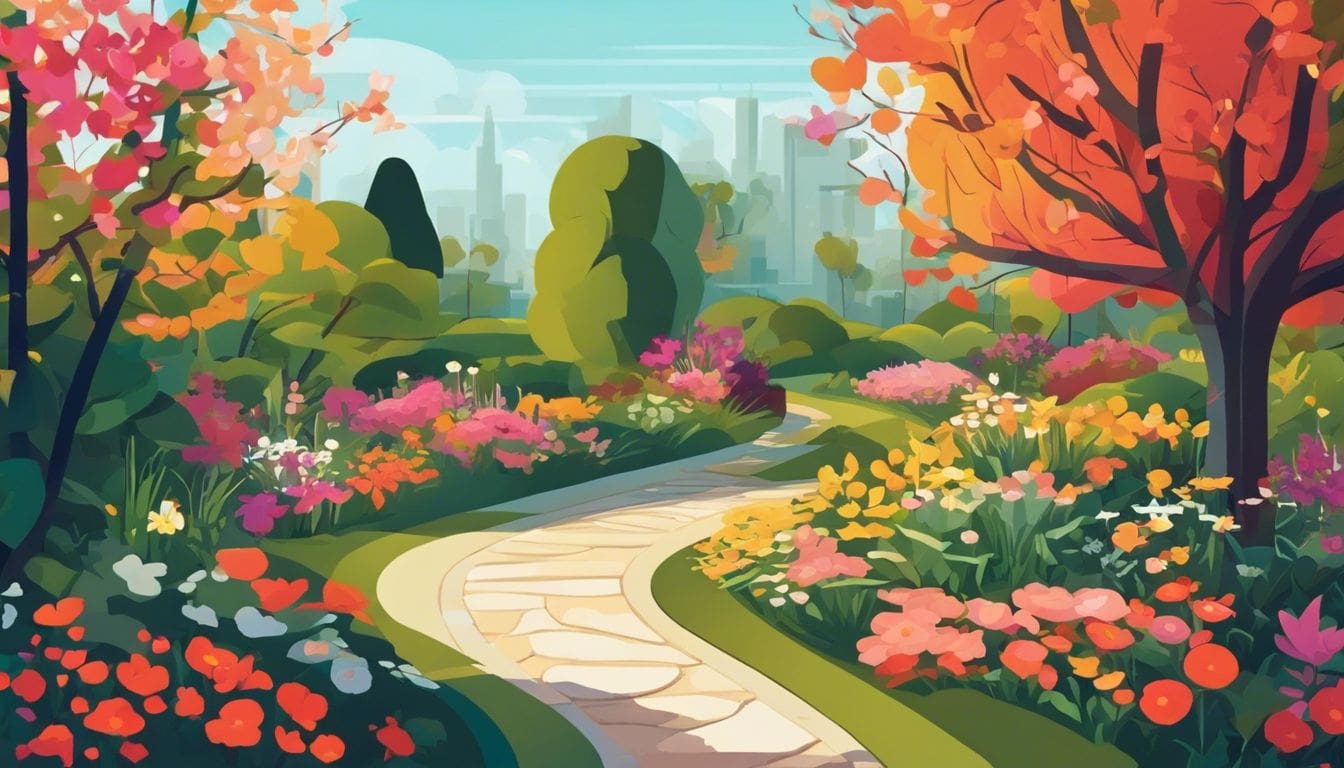 Een vredige tuin met bloeiende bloemen en een kronkelend pad.