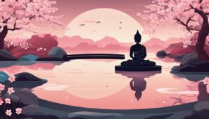 Een vredige Zen-tuin met mediterende Boeddhabeeld en koi-vijver.