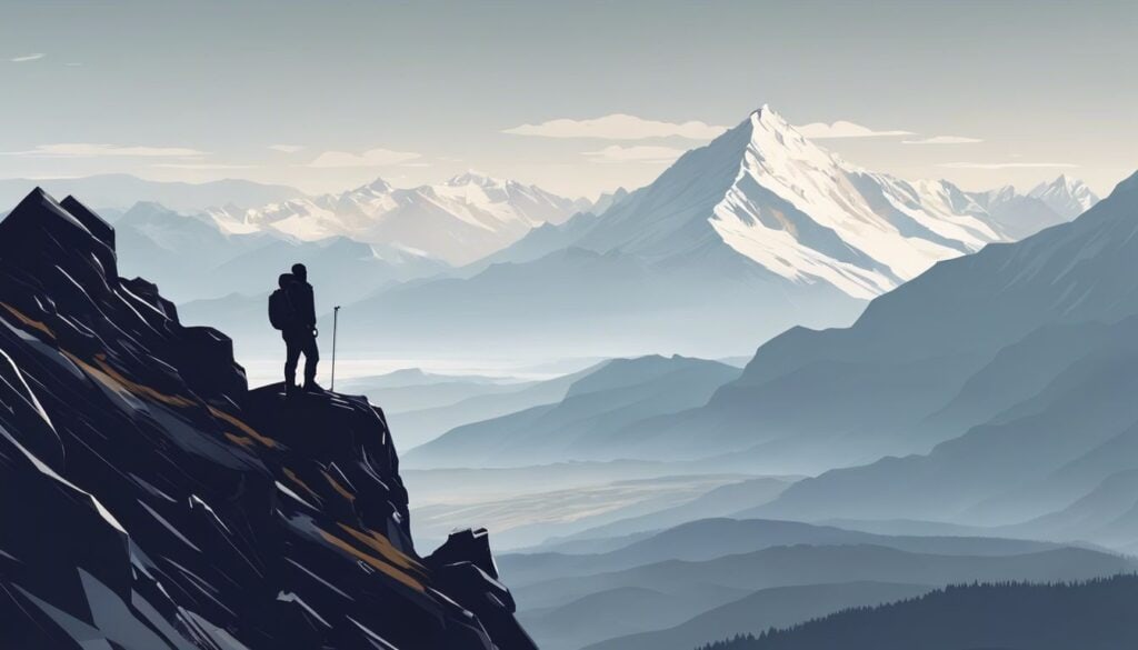 Een eenzame figuur staat op een bergtop en kijkt uit over een indrukwekkend landschap.