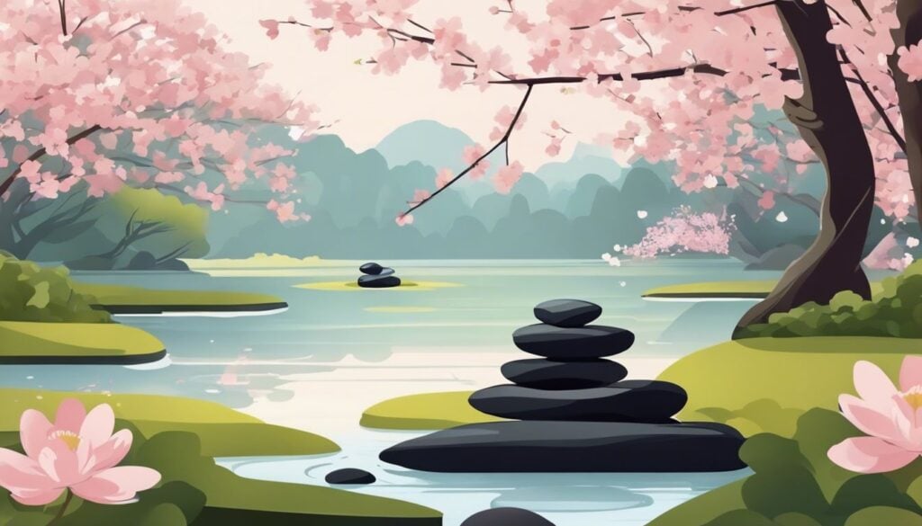 Een vredige Zen-tuin met rotsen, vijver en kersenbloesembomen.