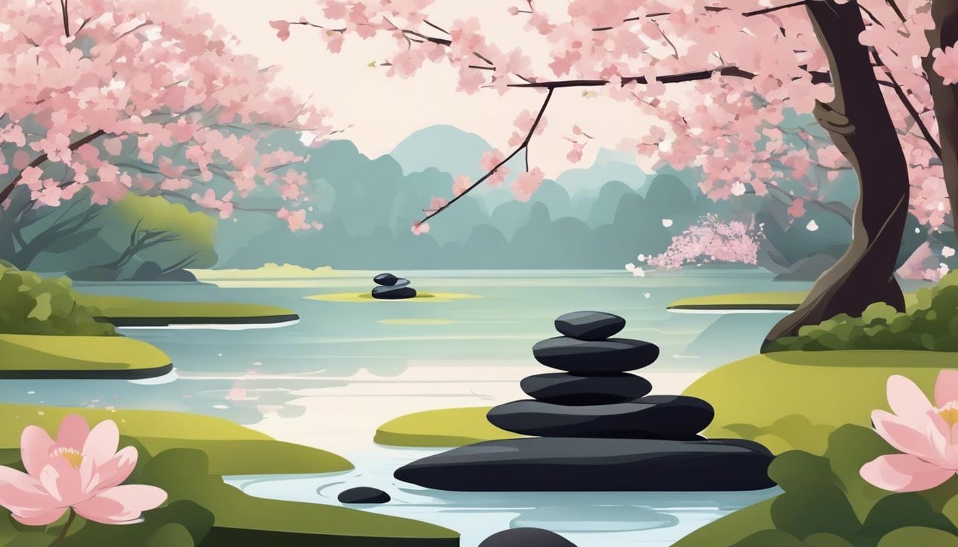 Een vredige Zen-tuin met rotsen, vijver en kersenbloesembomen.