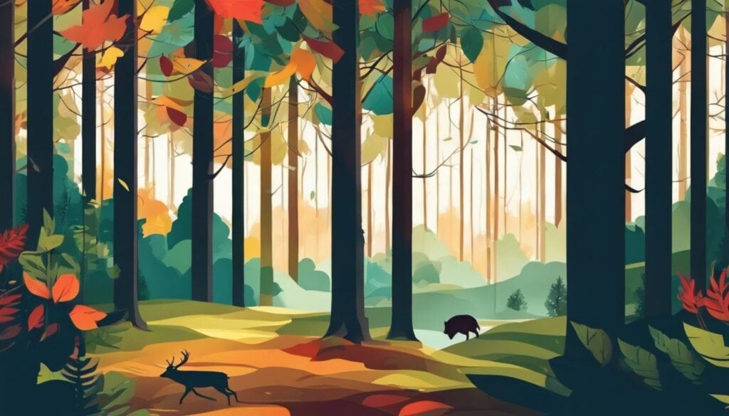 Een vredig bos met levendige kleuren en rustige sfeer.