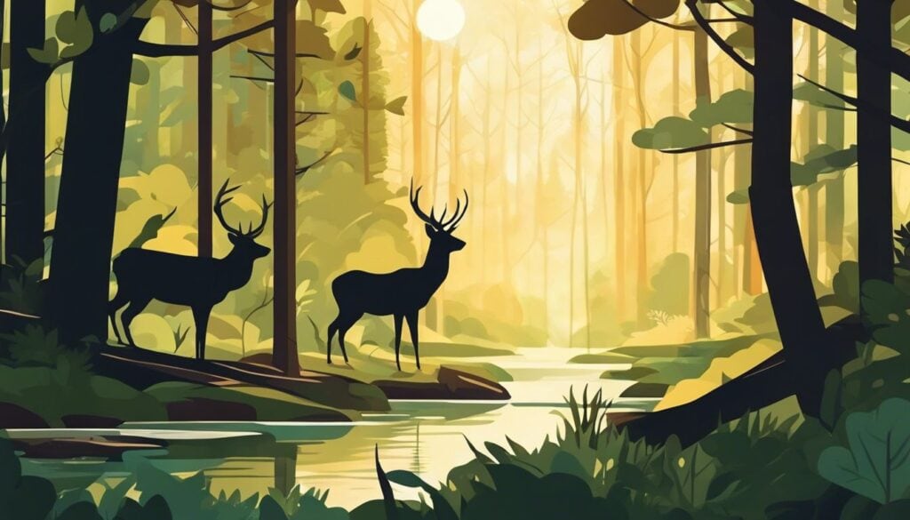 Een vredig bos met stromende beek en dieren.