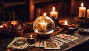 Een deck van tarotkaarten op een verweerde houten tafel in een mystieke omgeving.